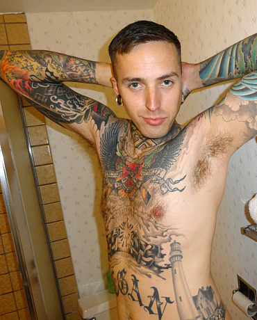 Tatted Biker Stud With Giant Balls Gets Relief in the Shower