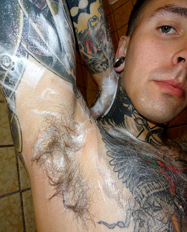 Tatted Biker Stud With Giant Balls Gets Relief in the Shower